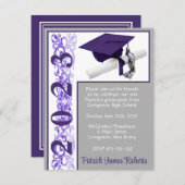 キャップ&ディプロマ、パープル、グレー、ホワイト卒業 招待状 (正面/裏面)