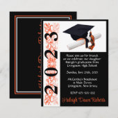 キャップ&ディプロマ、ブラック&オレンジ卒業 招待状 (正面/裏面)