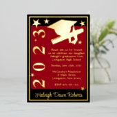 キャップ、ディプロマ、星、赤、黒、金ゴールド 箔招待状 (立ち正面)