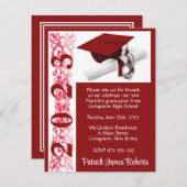 キャップ&ディプロマ、赤バックグラウンド卒業 招待状 (正面/裏面)