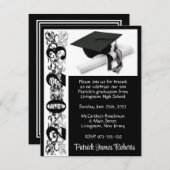 キャップ&ディプロマ、黒背景卒業 招待状 (正面/裏面)