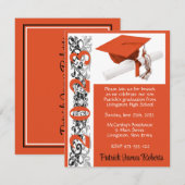 キャップ&卒業証書、オレンジ色の卒業式 招待状 (正面/裏面)