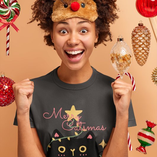 キャッメリーカス:クリスマスライトを使った黒猫 Tシャツ