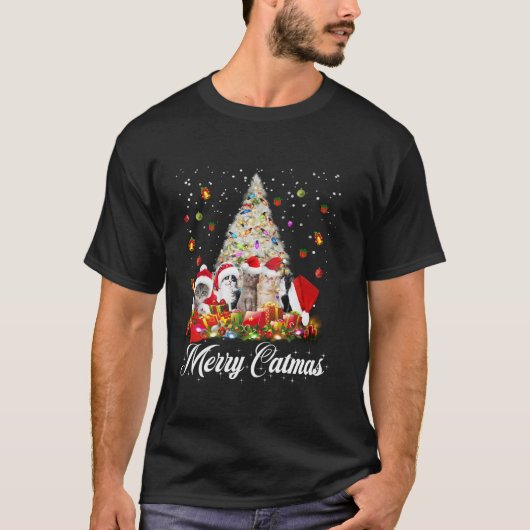 キャッメリーマスおもしろいクリスマスツリー猫クリスマスムーC Tシャツ (正面)