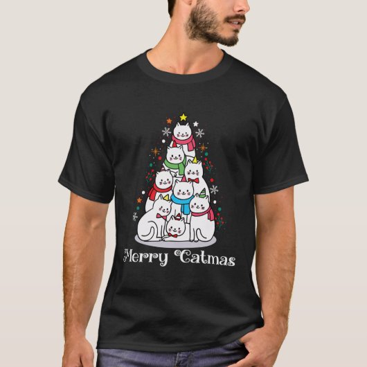 キャッメリーマ可愛い猫おもしろい好きクリスマスツリー Tシャツ (正面)