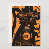キャッ不気味トヴィンテージオレンジブラックハロウィーン誕生日 招待状 (正面)