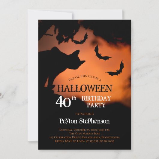 キャッ不気味ト |こうもりハロウィーン40歳の誕生日パーティー 招待状 (正面)