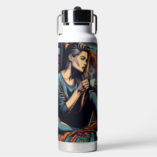 キャッ読ト・コーヒーと街の窓の女性 ウォーターボトル (正面)