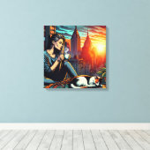 キャッ読ト・コーヒーと街の窓の女性 キャンバスプリント (インサイチュ (ウッドフロア))