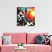 キャッ読ト・コーヒーと街の窓の女性 キャンバスプリント (インサイチュ (リビング))