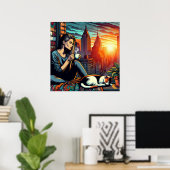 キャッ読ト・コーヒーと街の窓の女性 ポスター (ホームオフィス)