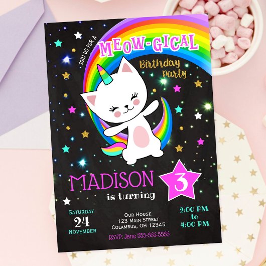 キャティコーン 誕生日 招待状 猫 レインボー