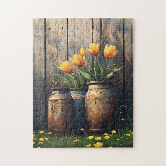 キャニスターズ素朴アートの黄色いチューリップ ジグソーパズル (縦)