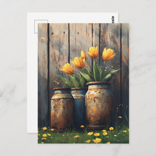 キャニスターズ素朴アートの黄色いチューリップ ポストカード (正面/裏面)