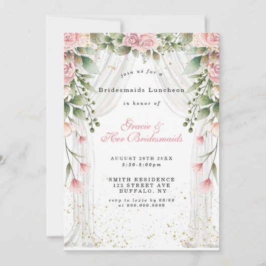 キャノピーピンク花模様ブリデスメイドランチョン招待状 (正面)