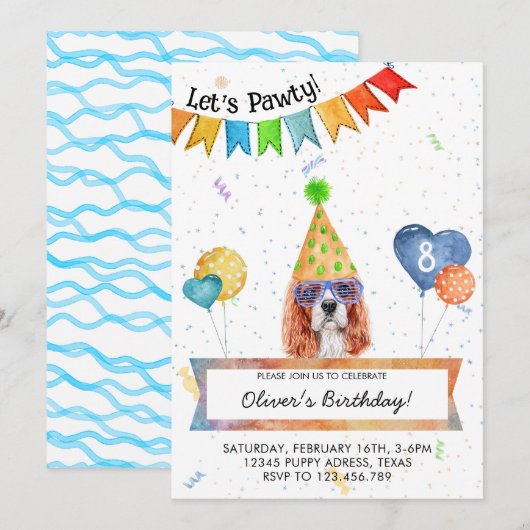 キャバリアスパニエルがパーティーを開く 犬の誕生日パーティー 招待状 (正面/裏面)