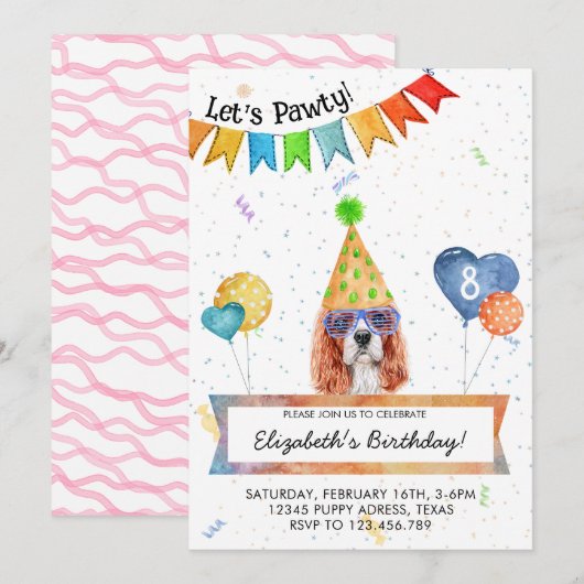 キャバリアスパニエルがパーティーを開く 犬 誕生日パーティー 招待状 (正面/裏面)