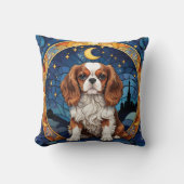 キャバリヤーキングチャールズのステンドグラス夜空の月 クッション (正面)