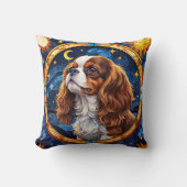 キャバリヤーキングチャールズのステンドグラス夜空の月 クッション (正面)