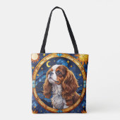 キャバリヤーキングチャールズのステンドグラス夜空の月 トートバッグ (裏面)