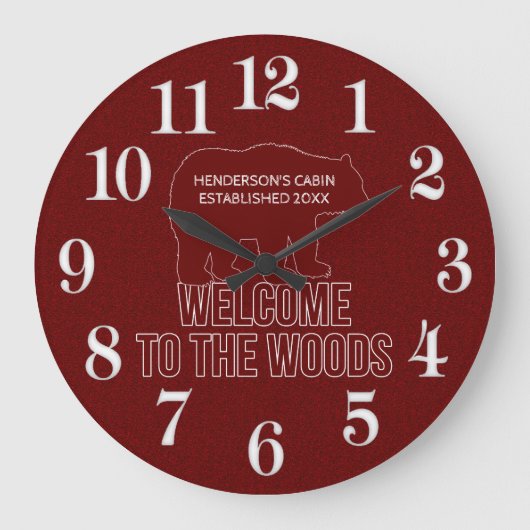 キャビンがウッドランド・ベアを赤に染め上げる ラージ壁時計 (正面)
