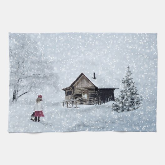 キャビンでのクリスマスの雪 キッチンタオル (横)