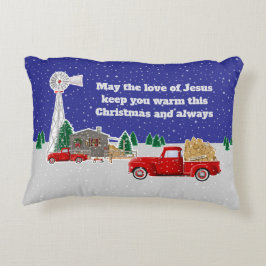 キャビンと風車を持つクリスマス・リトル・レッド・トラック アクセントクッション
