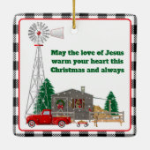 キャビンと風車を持つクリスマス・リトル・レッド・トラック セラミックオーナメント (裏面)