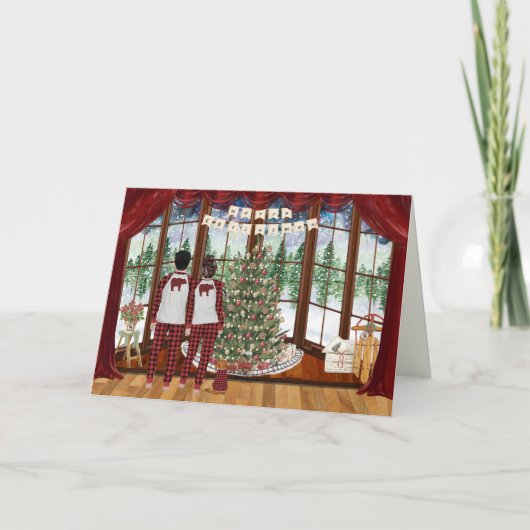 キャビンのクリスマスの朝、チェックのルームウェア シーズンカード (正面)