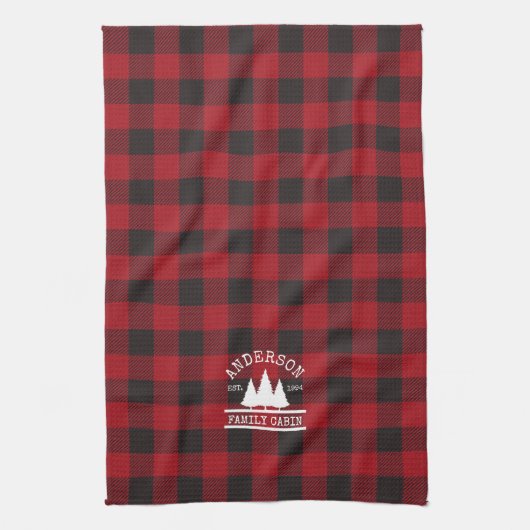 キャビンの家族名レッドバッファロープレイド キッチンタオル (縦)