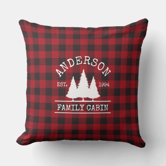 キャビンの家族名レッドバッファロープレイド クッション (正面)