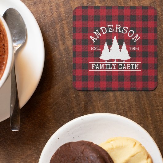 キャビンの家族名レッドバッファロープレイド スクエアペーパーコースター