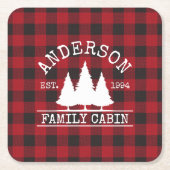 キャビンの家族名レッドバッファロープレイド スクエアペーパーコースター (正面)