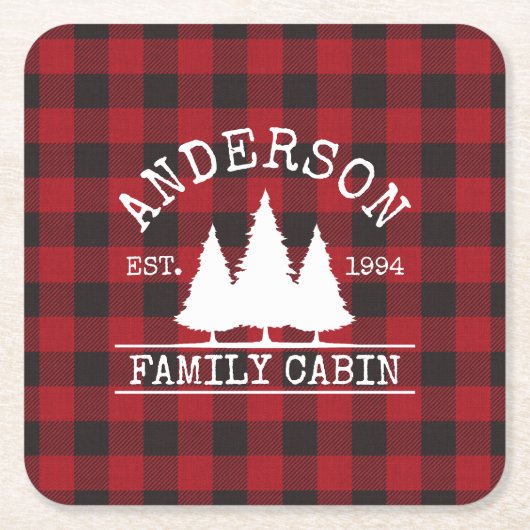 キャビンの家族名レッドバッファロープレイド スクエアペーパーコースター (正面)