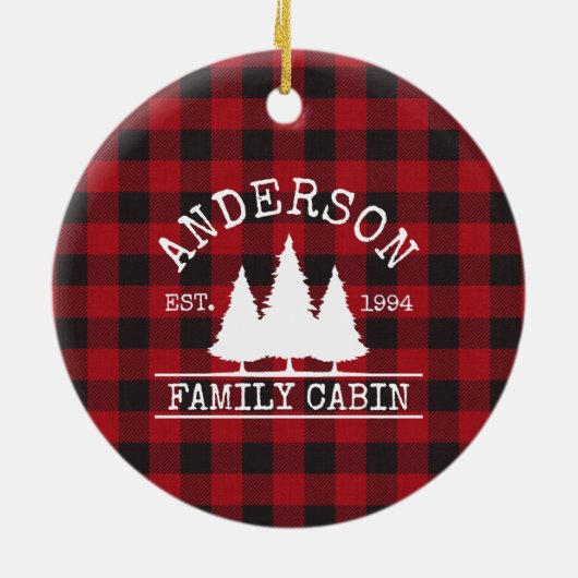 キャビンの家族名レッドバッファロープレイド セラミックオーナメント (裏面)