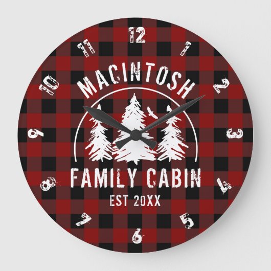 キャビンの家族名レッドバッファロープレイド ラージ壁時計 (正面)