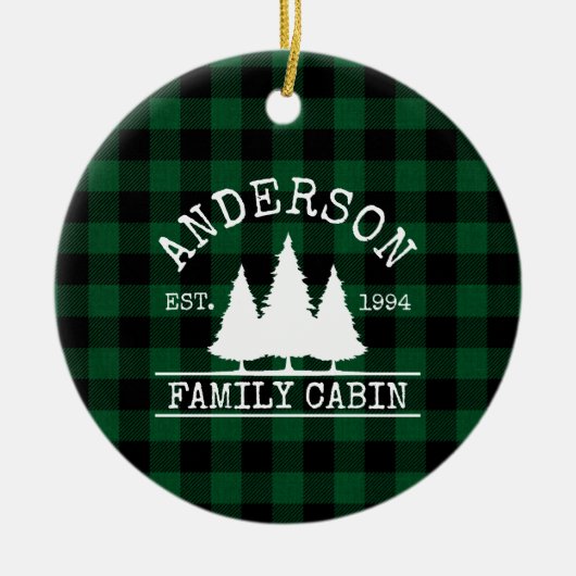 キャビンファミリーネームグリーンバッファロープレイド セラミックオーナメント (正面)