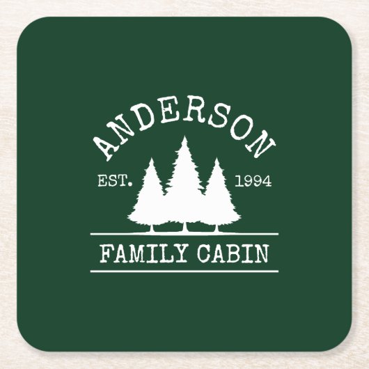 キャビンファミリーネームフォレストグリーン スクエアペーパーコースター (正面)