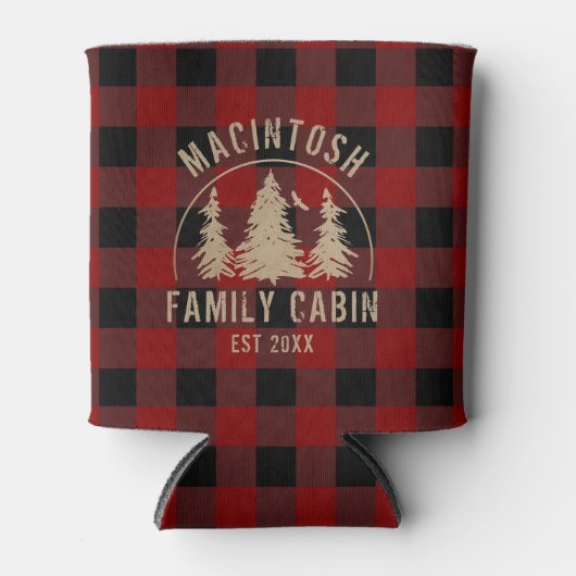 キャビンファミリー名レッドブラックバッファローチェックプレイド 缶クーラー (正面)