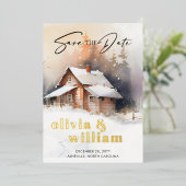 キャビン素朴ウィンターウェディングの日付を保存 箔招待状 (立ち正面)