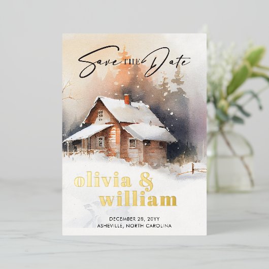 キャビン素朴ウィンターウェディングの日付を保存 箔招待状 (立ち正面)