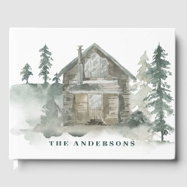 キャビン素朴ウォーターカラーフォレストグリーンウェルカム ゲストブック