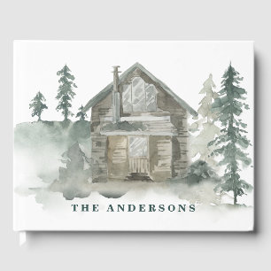 キャビン素朴ウォーターカラーフォレストグリーンウェルカム ゲストブック