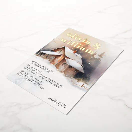 キャビン素朴ウォーター色の冬の結婚式 箔招待状 (回転した状態)