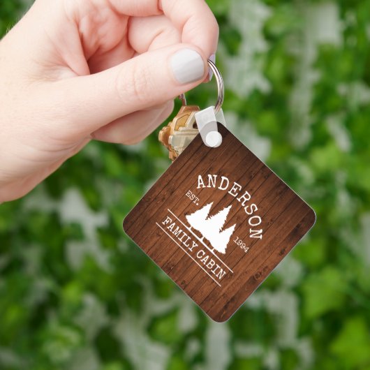 キャビン素朴ウッドファミリーネームスクエア キーホルダー (手)