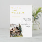 キャビン素朴マウンテンズウィンター秋の結婚式 箔招待状 (立ち正面)