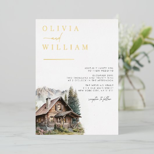 キャビン素朴マウンテンズウィンター秋の結婚式 箔招待状 (立ち正面)