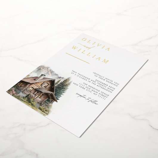 キャビン素朴マウンテンズウィンター秋の結婚式 箔招待状 (回転した状態)