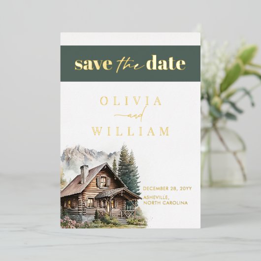 キャビン素朴マウンテンズウィンター秋日付を保存 箔招待状 (立ち正面)