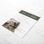 キャビン素朴マウンテンズウィンター秋日付を保存 箔招待状 (回転した状態)